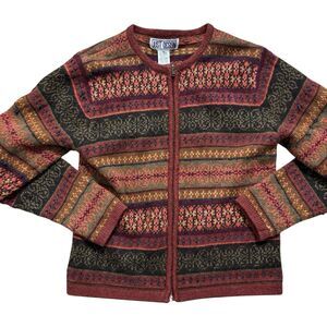 Vtg Fair Isle Sweater Women’s Small Maroon Just Design Ramie Wool Blend Zip Up